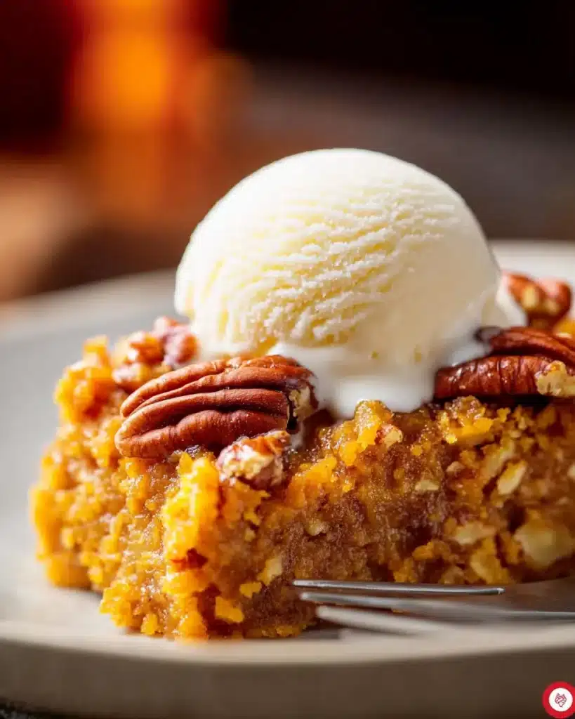 Pumpkin pecan cobbler with vanilla ice cream and pecan halves