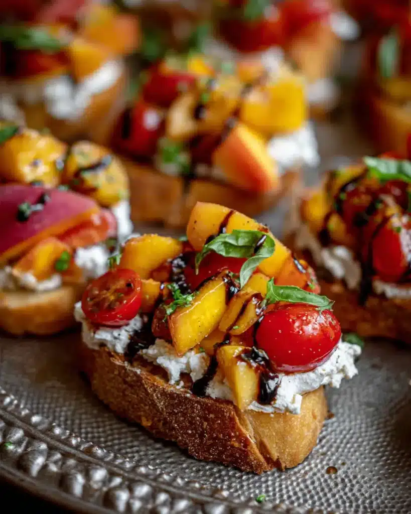 Plate of peach bruschetta with ricotta, cherry tomatoes, basil, and balsamic glaze.