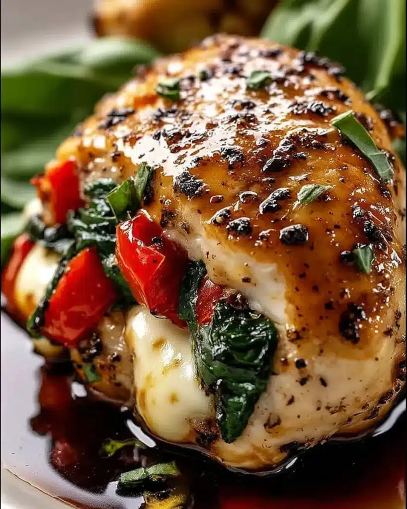 Juicy roasted red pepper and mozzarella stuffed chicken breast