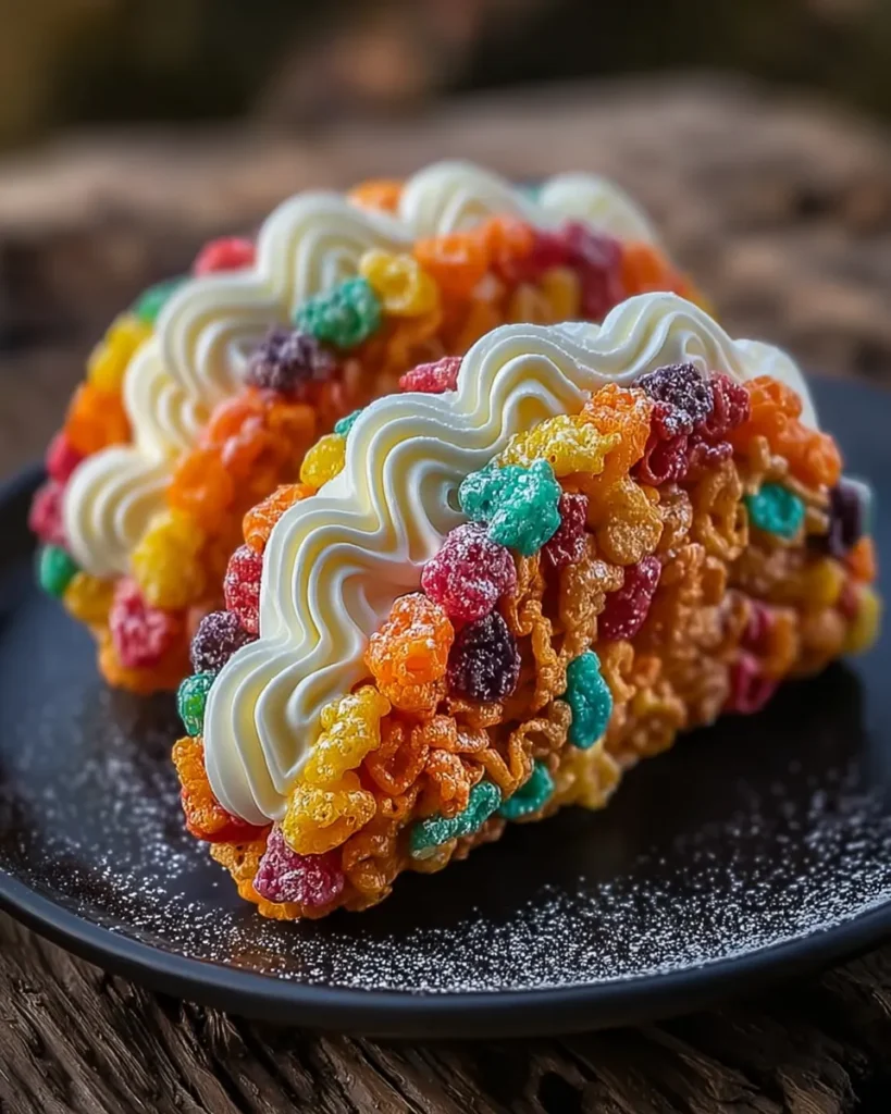 Rainbow Fruity Pebbles cheesecake tacos with piped cream filling