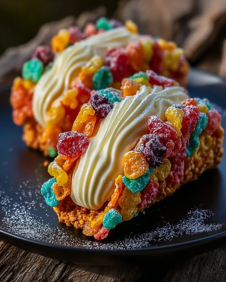 Colorful Fruity Pebbles cheesecake tacos with creamy filling
