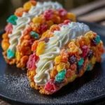 Fruity Pebbles cheesecake tacos with whipped cream filling