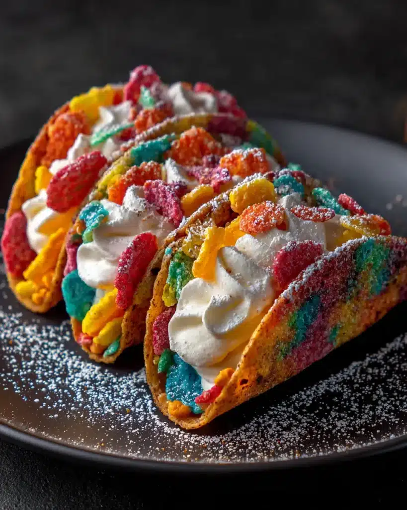 Fruity Pebbles cheesecake tacos with whipped cream and powdered sugar