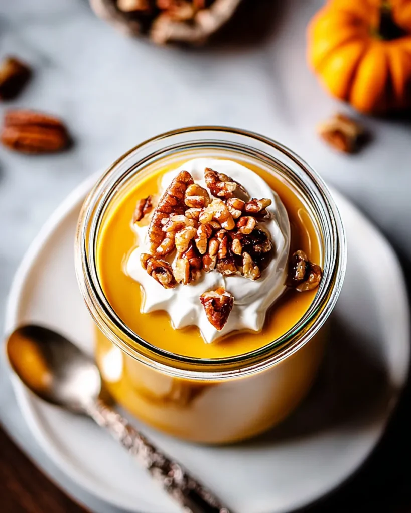 Creamy pumpkin pudding in glass jar topped with whipped cream and pecans