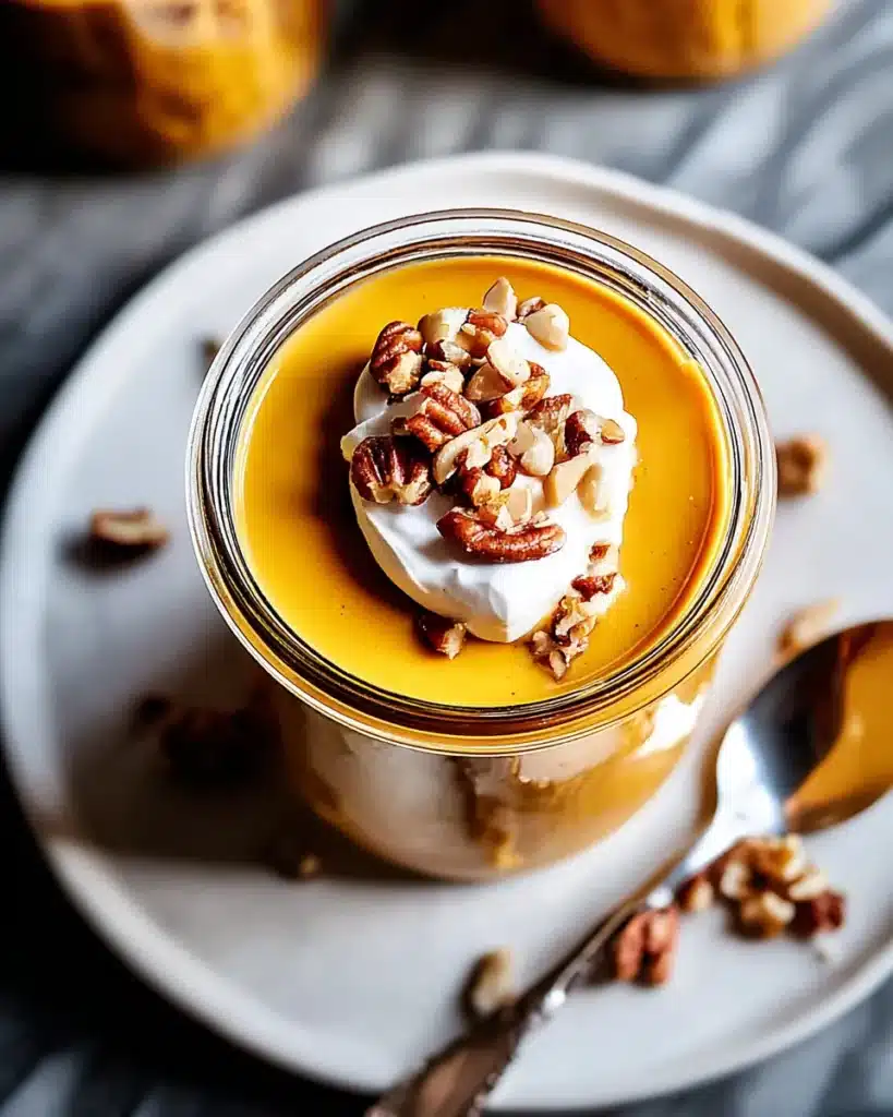 Pumpkin custard pudding topped with whipped cream and chopped pecans