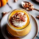 Pumpkin pudding in jar with whipped cream and pecans on top