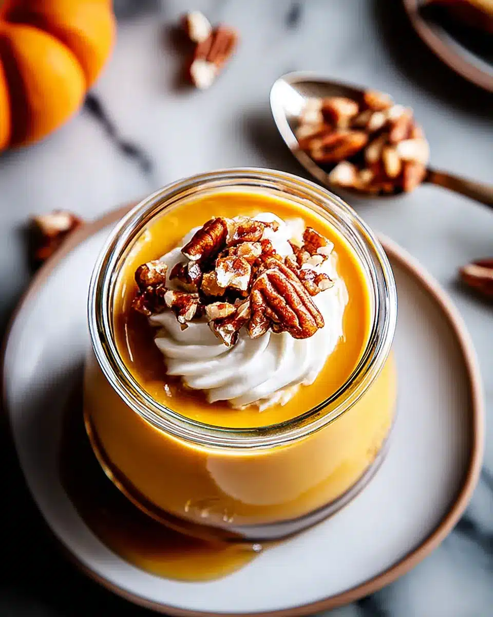 Pumpkin pudding in jar with whipped cream and pecans on top