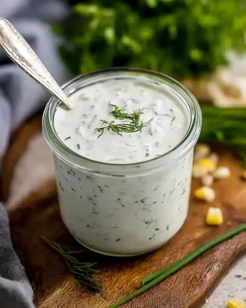 Creamy homemade Ranch Dressing Recipe with fresh dill in a jar