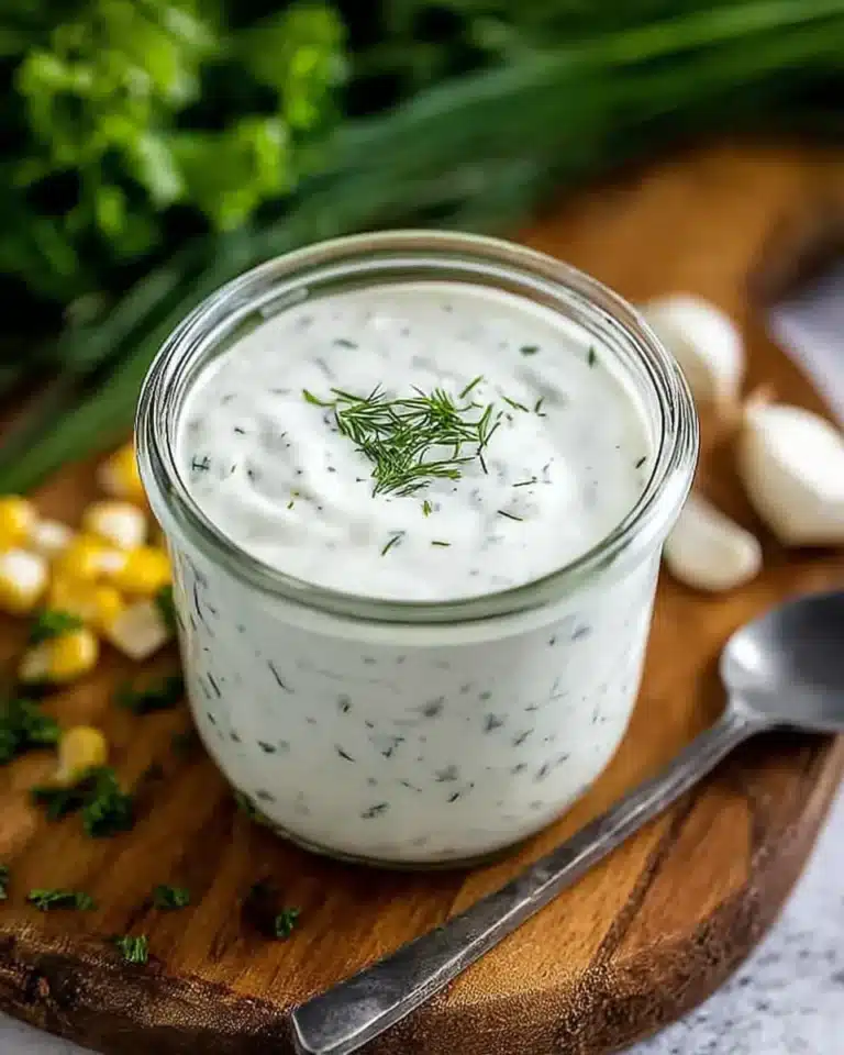 Homemade ranch dressing in a glass jar with fresh herbs