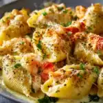 Cheesy seafood stuffed shells with lobster, crab, shrimp, and herbs