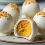 Inside view of pumpkin cheesecake truffle with creamy filling