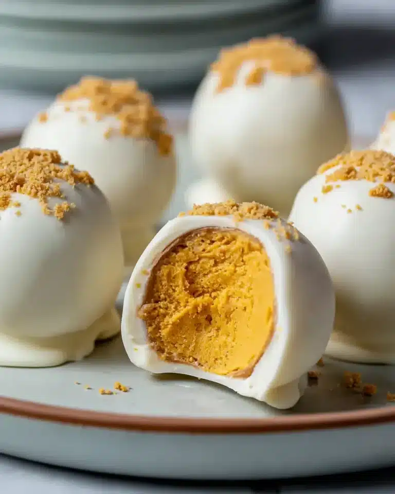 Inside view of pumpkin cheesecake truffle with creamy filling