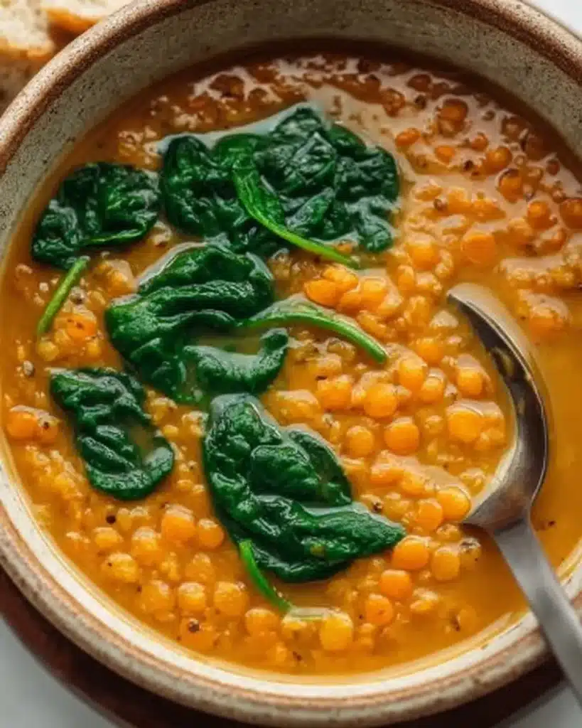 Pumpkin lentil protein soup with spinach and bread