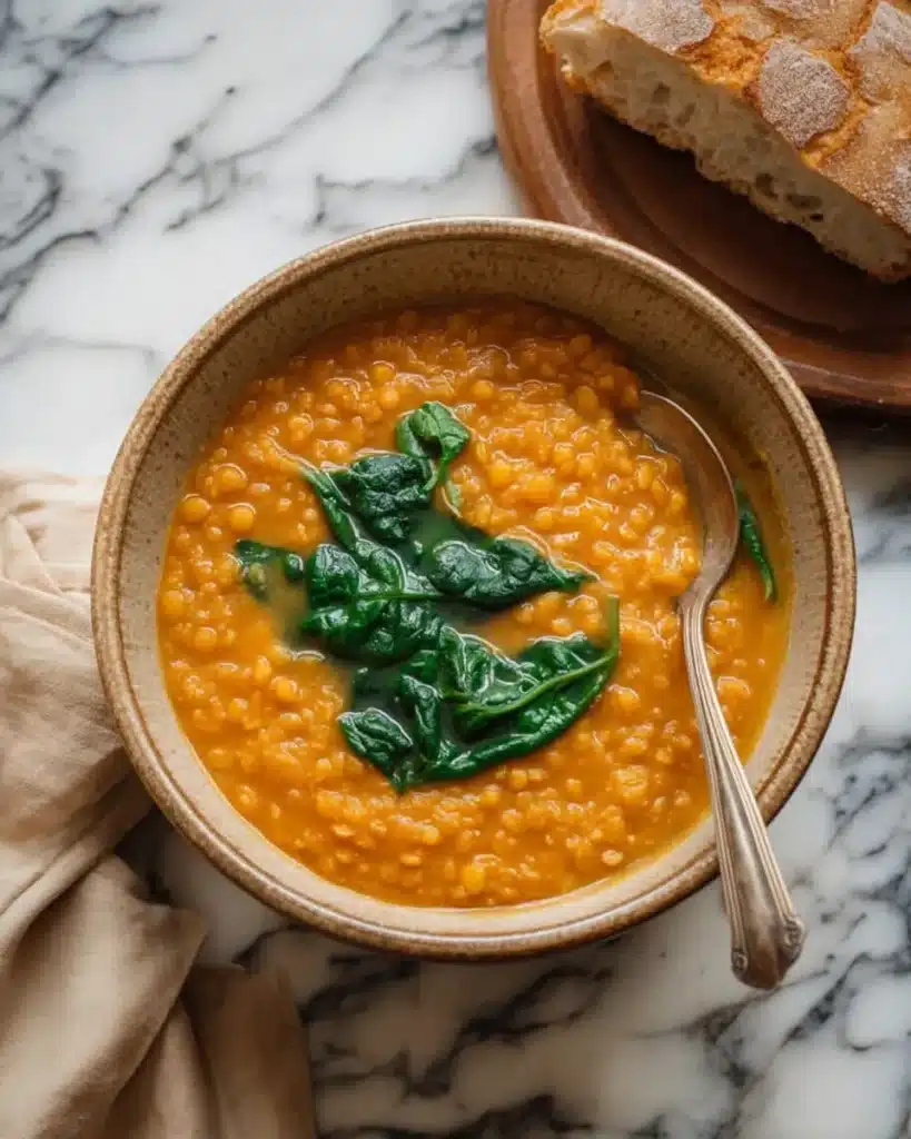 Creamy pumpkin lentil soup with fresh spinach