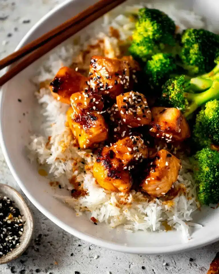 Crispy orange salmon served over jasmine rice with broccoli