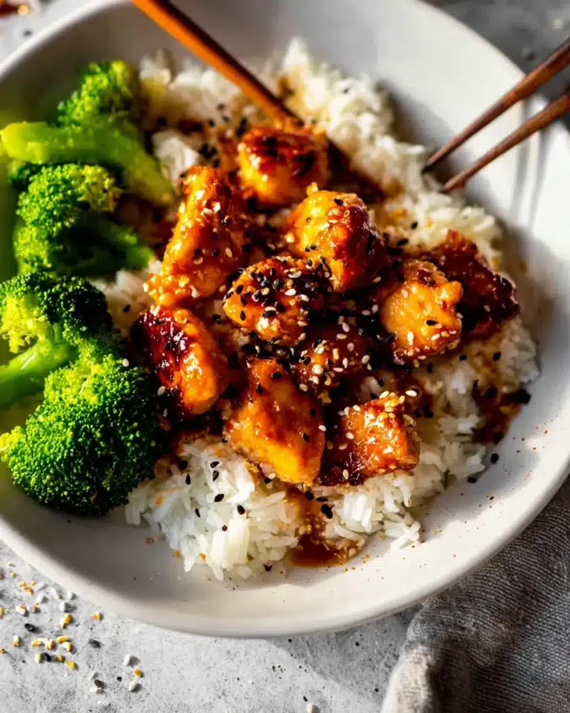 Orange glazed salmon bites over rice with broccoli and sesame seeds come together to make delicious Crispy Orange Salmon Bowls you’ll crave on repeat.