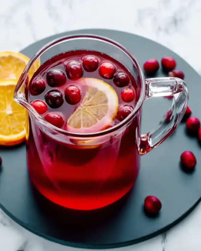 Pitcher of homemade cranberry juice with lemon and cranberries