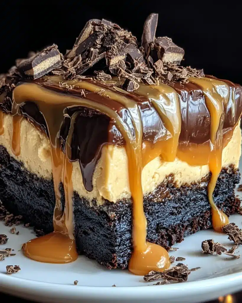 Close-up of Milky Way Caramel Cheesecake Brownies with chocolate chunks and dripping caramel.