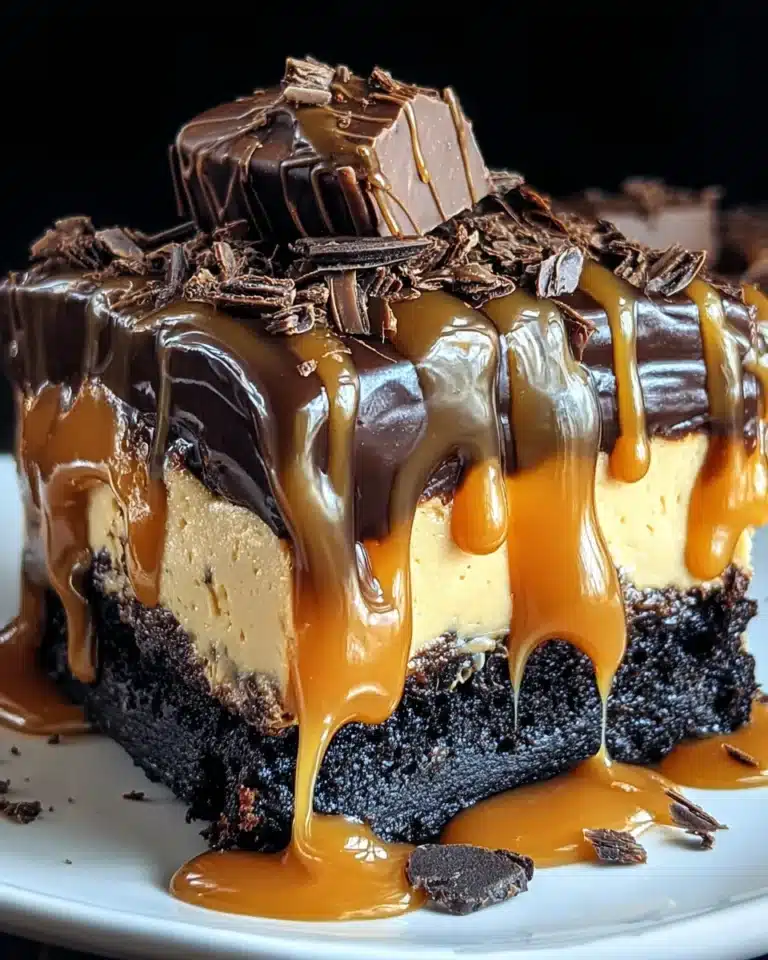 Milky Way caramel cheesecake brownie with chocolate ganache and dripping caramel sauce.