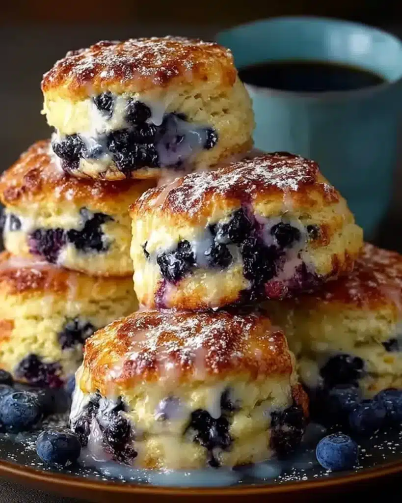 Stack of blueberry biscuits with lemon glaze and powdered sugar beside coffee cup