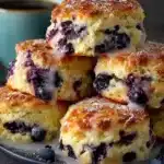 Plate of blueberry biscuits with lemon glaze and powdered sugar beside coffee cup