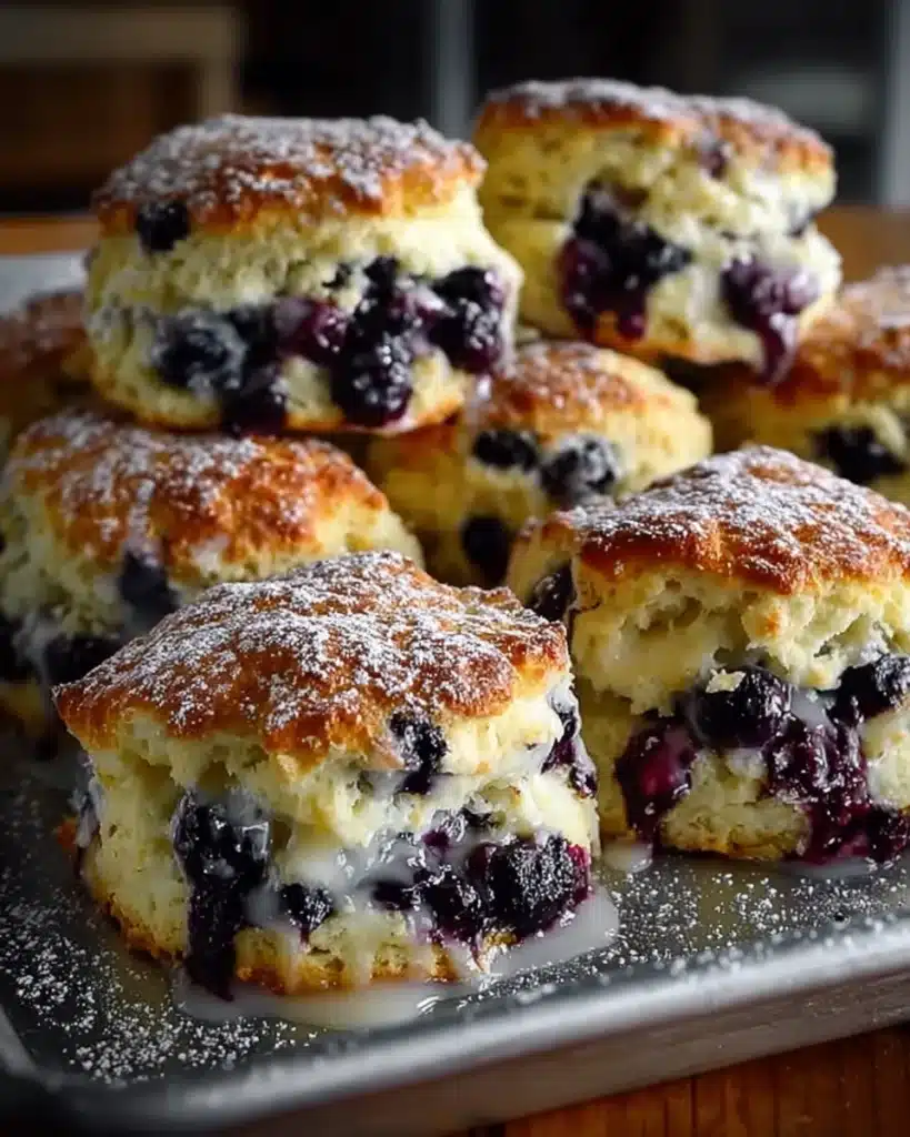 Golden blueberry biscuits with lemon glaze and powdered sugar on tray
