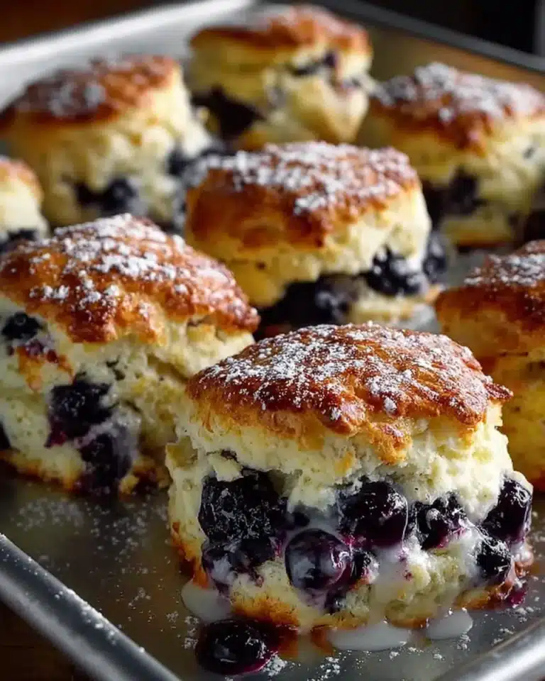 Flaky blueberry biscuits with lemon glaze and powdered sugar on baking sheet