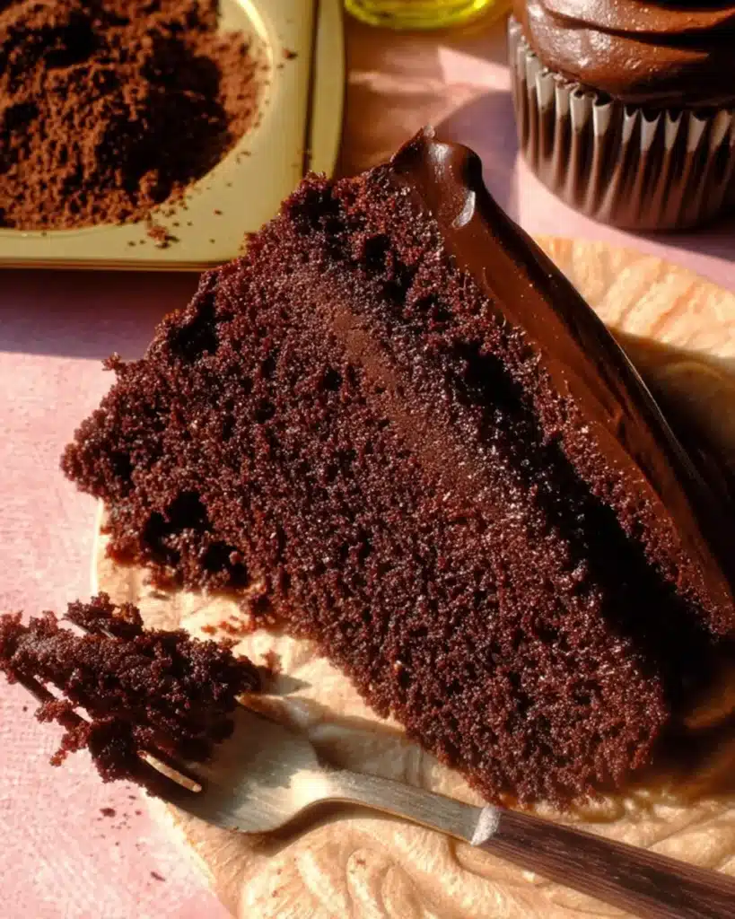 Slice of moist chocolate cake with glossy frosting on plate