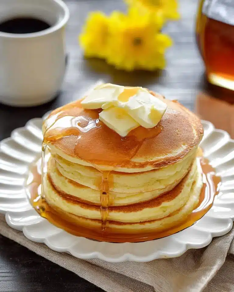 Fluffy Bisquick pancakes with butter and syrup on white plate
