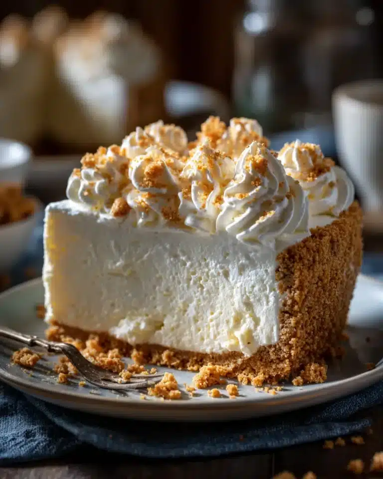 Slice of no-bake marshmallow whip cheesecake with graham cracker crust