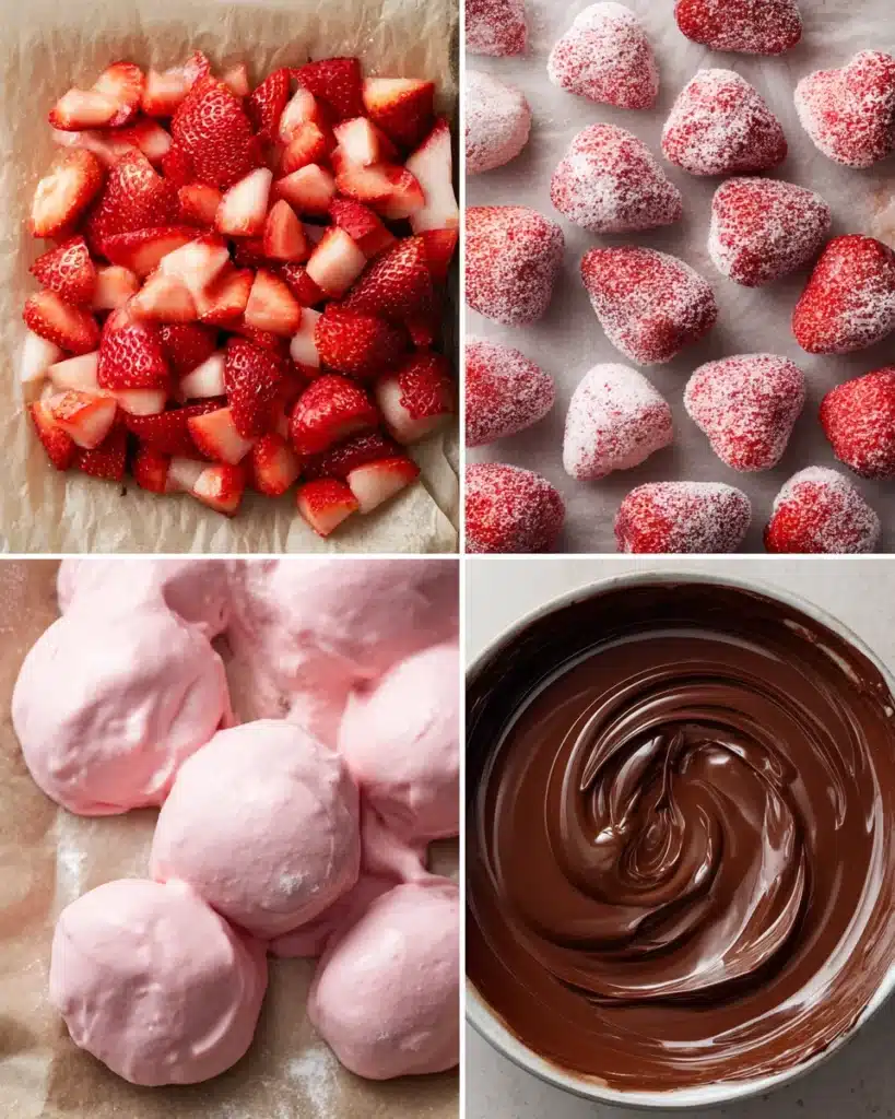 Strawberries with yogurt and melted chocolate for frozen bites