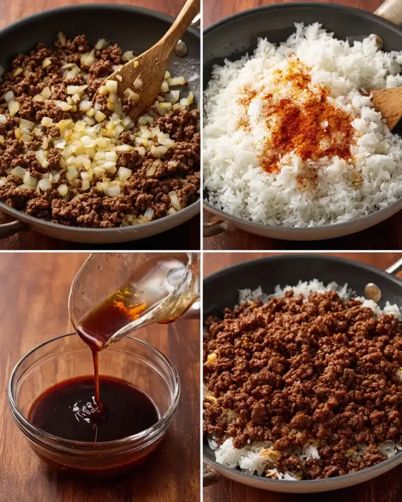 Cooking ground beef with onions, rice, spices, and sauce for a quick dinner.