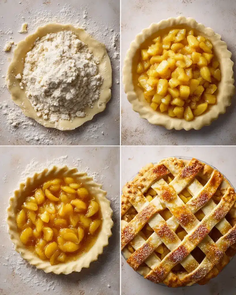Step-by-step peach pie assembly from crust to golden lattice top