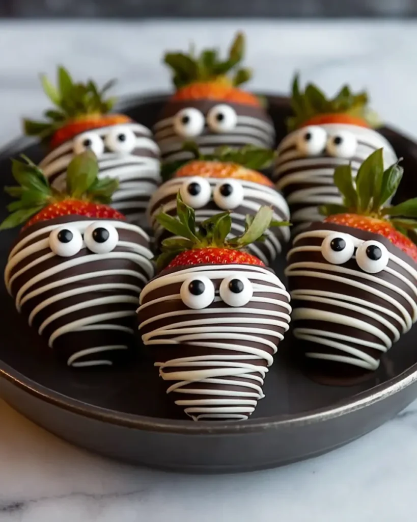 Halloween mummy strawberries with chocolate drizzle and candy eyes