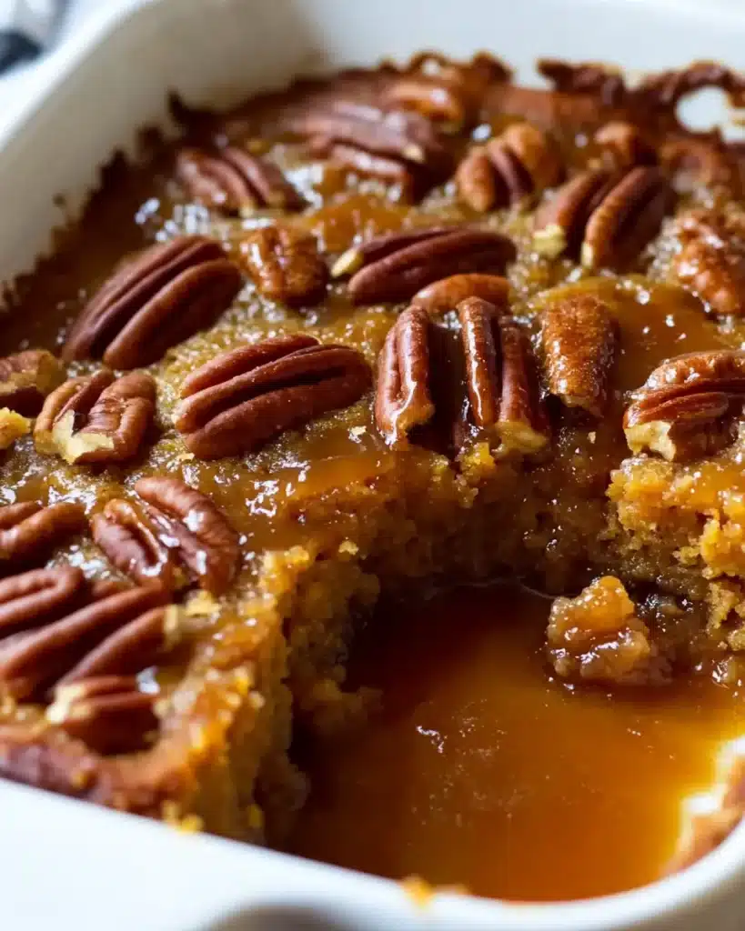 Baked pumpkin pecan cobbler in dish with caramel sauce and pecans