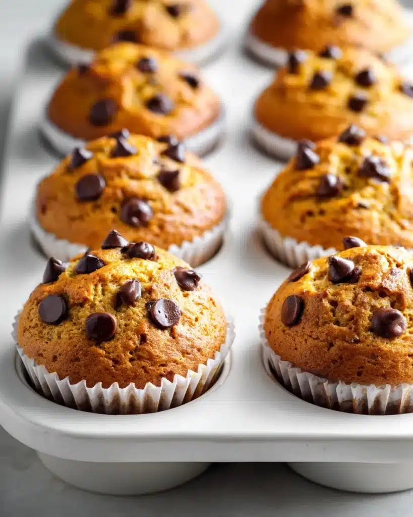 Freshly baked pumpkin chocolate chip muffins in a muffin tin
