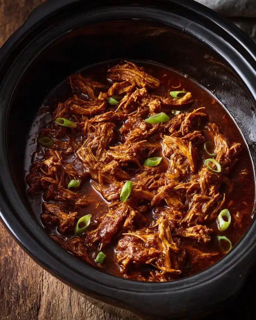 Slow cooker bourbon chicken with shredded chicken and sauce