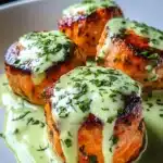 Juicy salmon balls drizzled with creamy avocado herb sauce