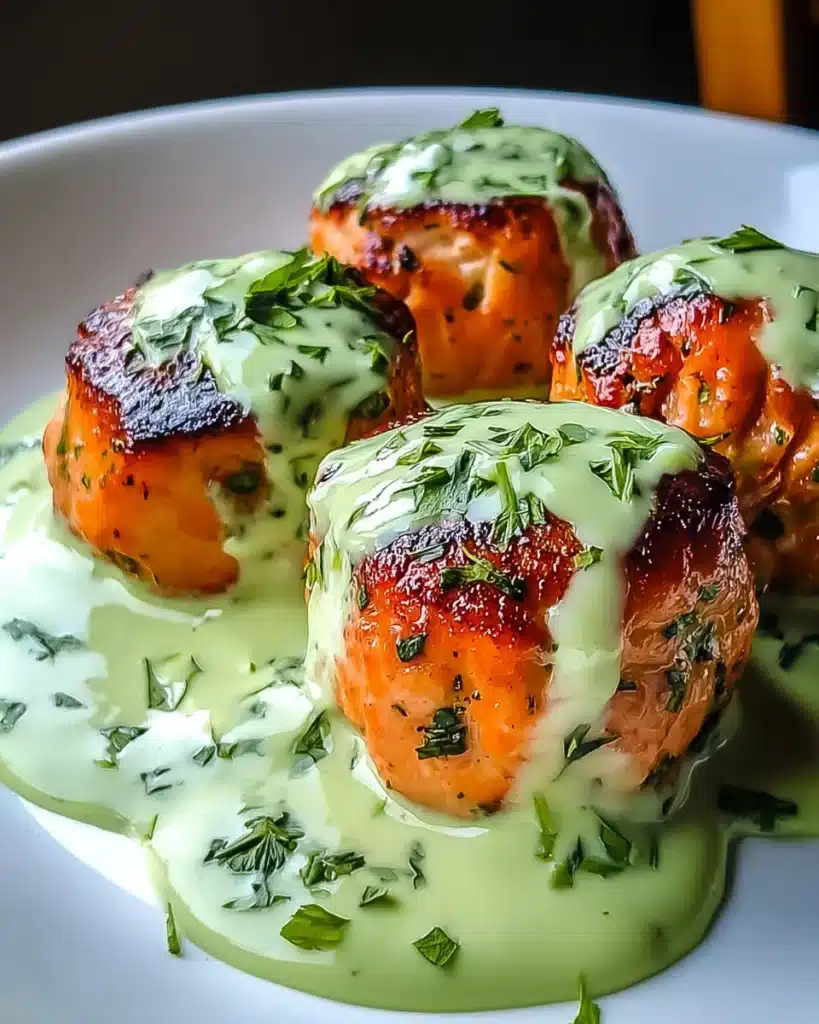 Salmon Balls with Creamy Avocado Sauce smothered in a creamy avocado herb sauce.
