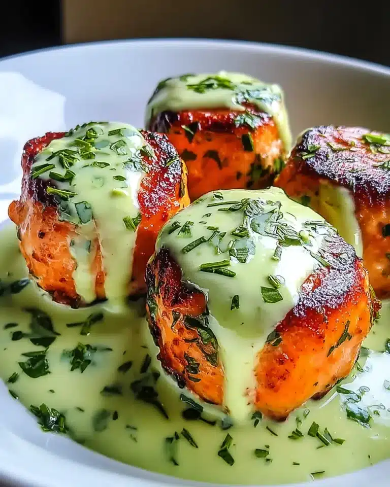 Golden-brown salmon balls topped with creamy avocado sauce and fresh herbs