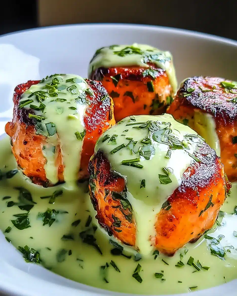 Golden-brown salmon balls topped with creamy avocado sauce and fresh herbs