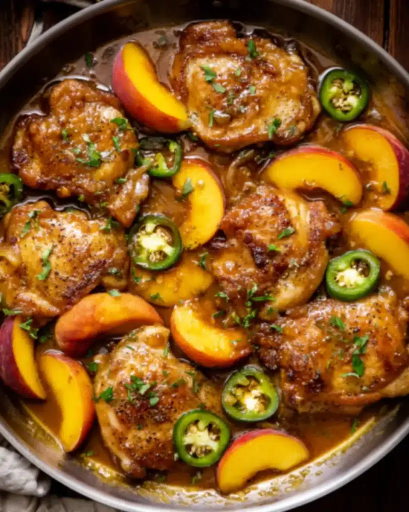 Sweet and spicy chicken thighs with peaches and jalapenos