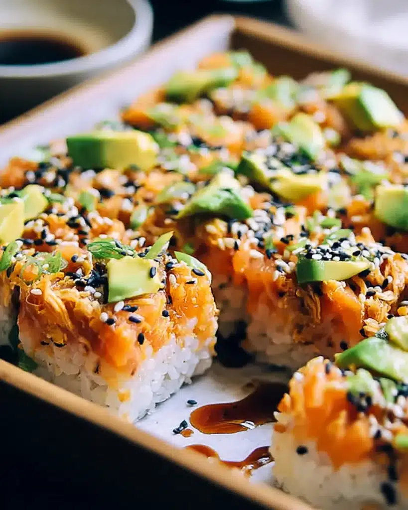 Baked spicy salmon sushi squares topped with avocado, sesame seeds, and soy sauce.