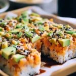 Spicy salmon sushi bake slices with avocado, green onions, and soy glaze on a tray.