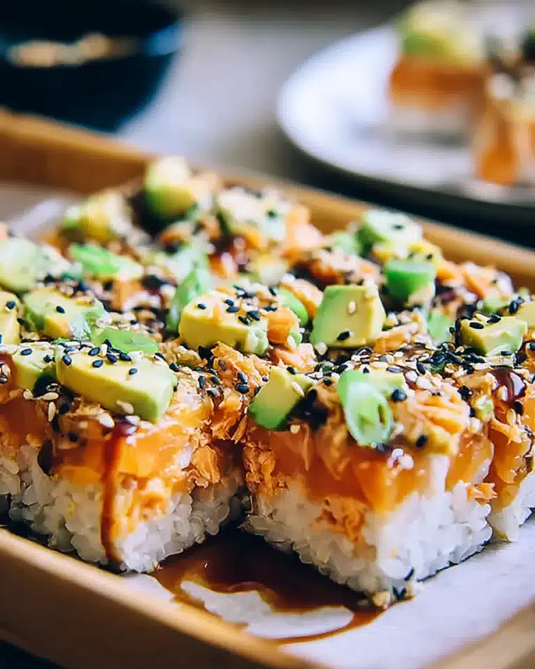 Close-up of spicy salmon sushi bake topped with avocado, sesame seeds, and soy glaze.
