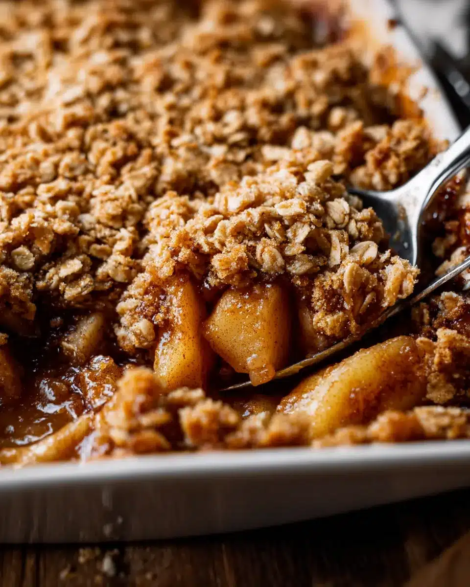 Spoonful of Pioneer Woman apple crisp with oats and cinnamon apples