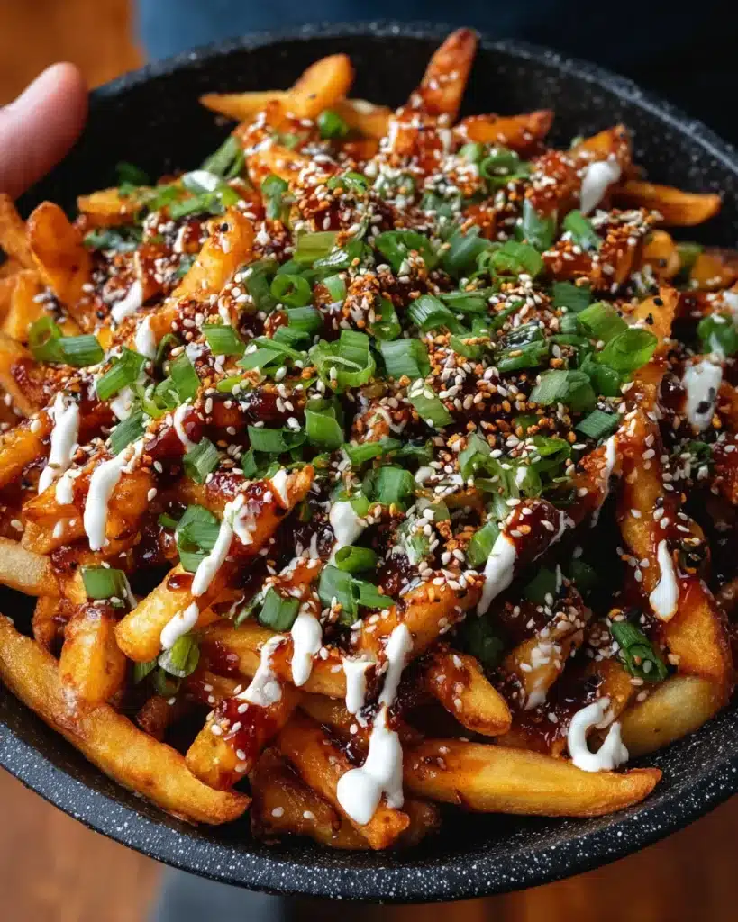 Crispy fries with garlic-gochujang sauce, sesame seeds, and spring onions