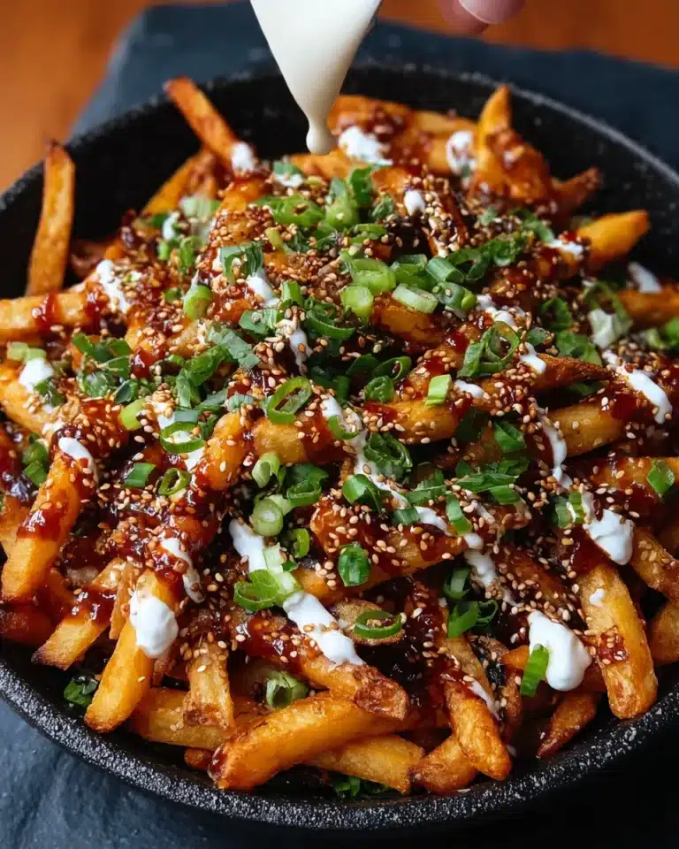 Spicy garlic and sesame fries topped with spring onions and 5-spice mayo