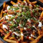 Loaded spicy garlic and sesame fries with mayo drizzle and scallions