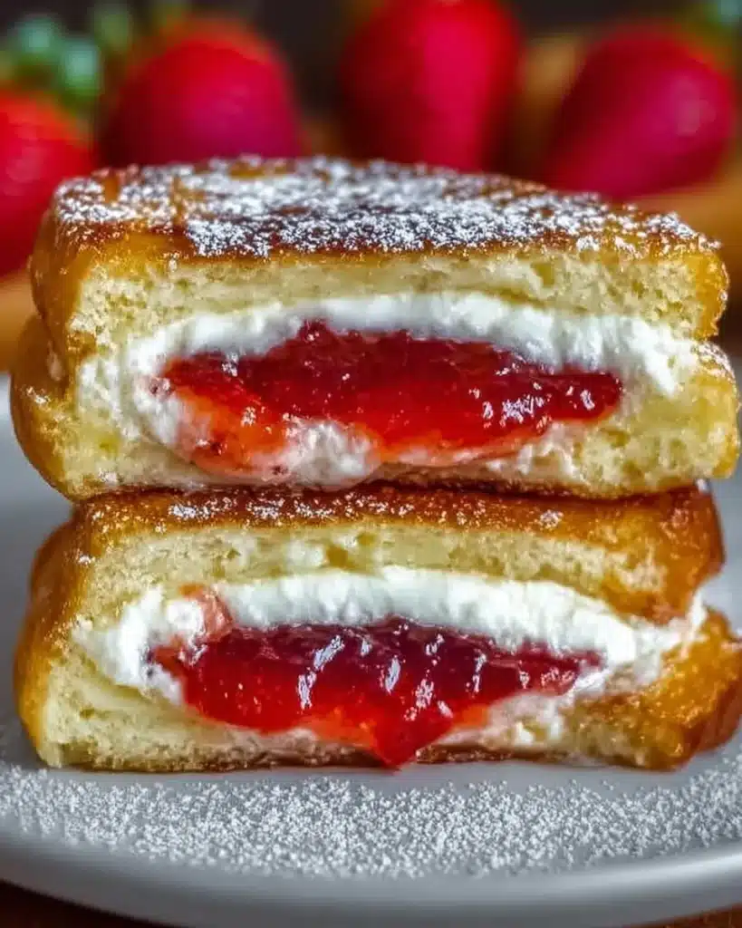 Close-up of fried strawberry cheesecake sandwich with creamy filling and jam